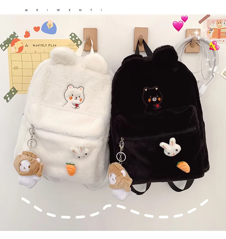 

Wholesale 2020 Autumn/winter new Japanese fashion plush girls kids backpack schoolbag, Black /grey/white/customization