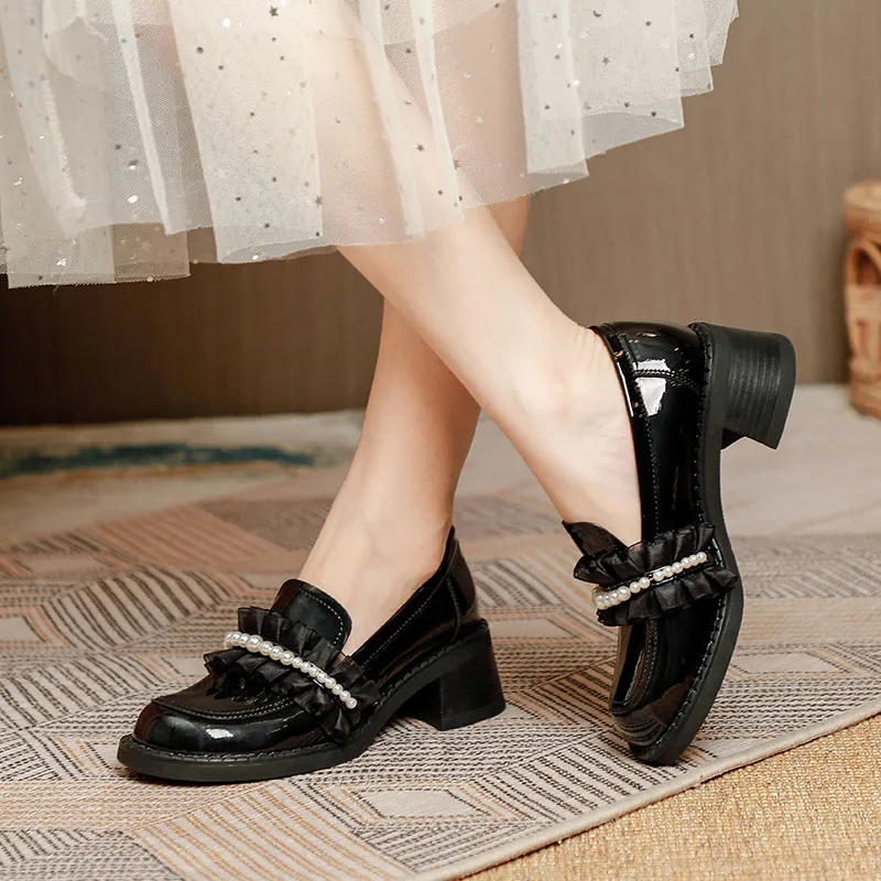

Ladies pearl Dress Chunky Heel Round Toe Ankle Buckle black and white block heel Thick Women Mary Jane Platform Shoes, White,black
