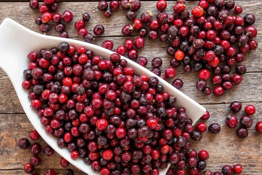 Whole allspice berries displayed in a wooden spice rack with measuring spoons and mortar and pestle