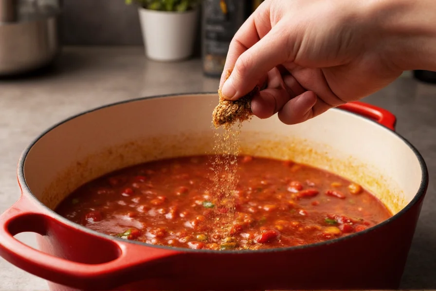 Hand sprinkling spice blend into simmering pot of chili