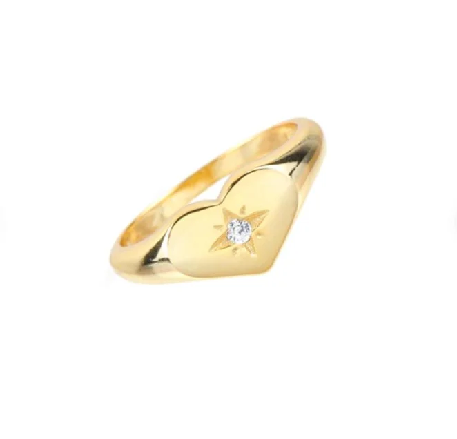 

18k Gold Tatement Heart Signet Ring Dainty Cz North Star Gold Ring Starburst Polaris Ring For Women, Gold, rose gold, steel, black