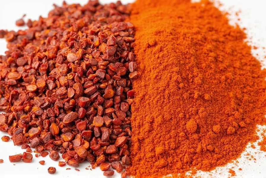 Close-up comparison of crushed red pepper flakes versus cayenne powder showing texture differences