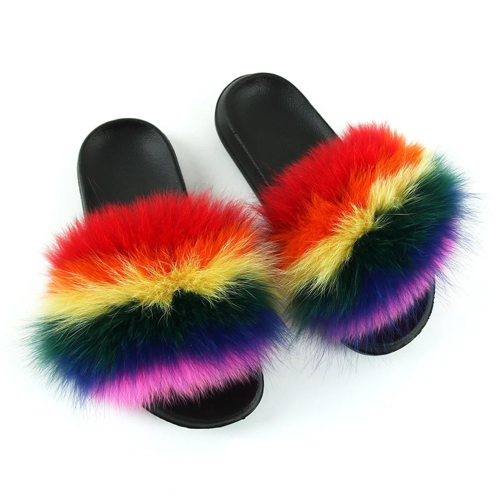 

2020 Multicolorful Just One Pair Can Customize Furry Fluffy Slippers Sandal Open Toe Summer Latest Fur Women's Slide Slippers, As photos