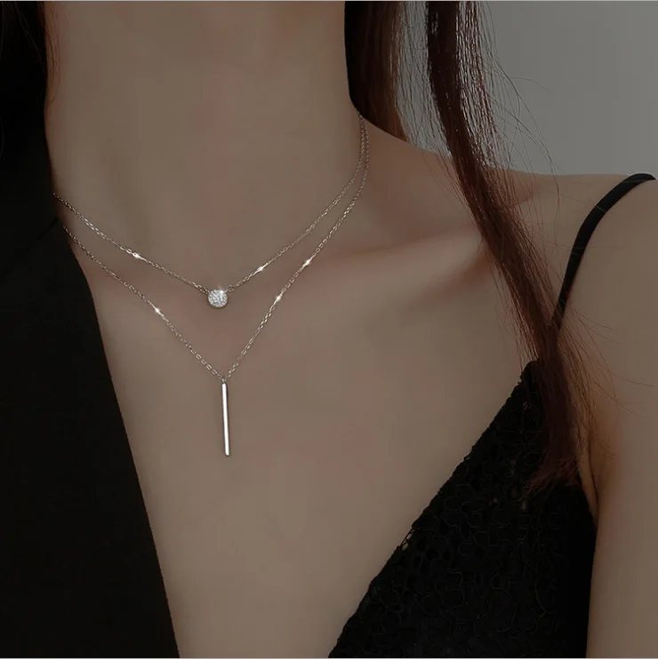 

2021 Ins Double Layered Round Diamond Necklace Rose Silver Crystal Bar Pendant Necklace For Women