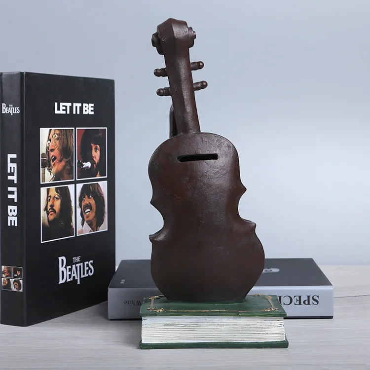 High Quality Custom Music Resin Violin Shaped Piggy Bank With Book Figurine