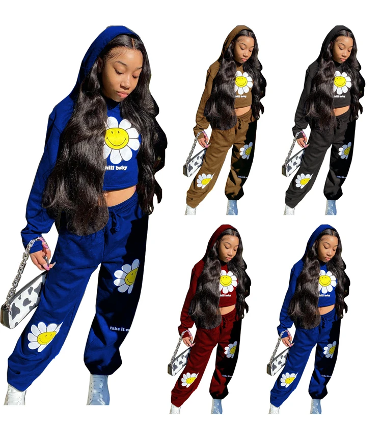 

D96043 winter woman clothes long sleeve flower printed two piece pant set