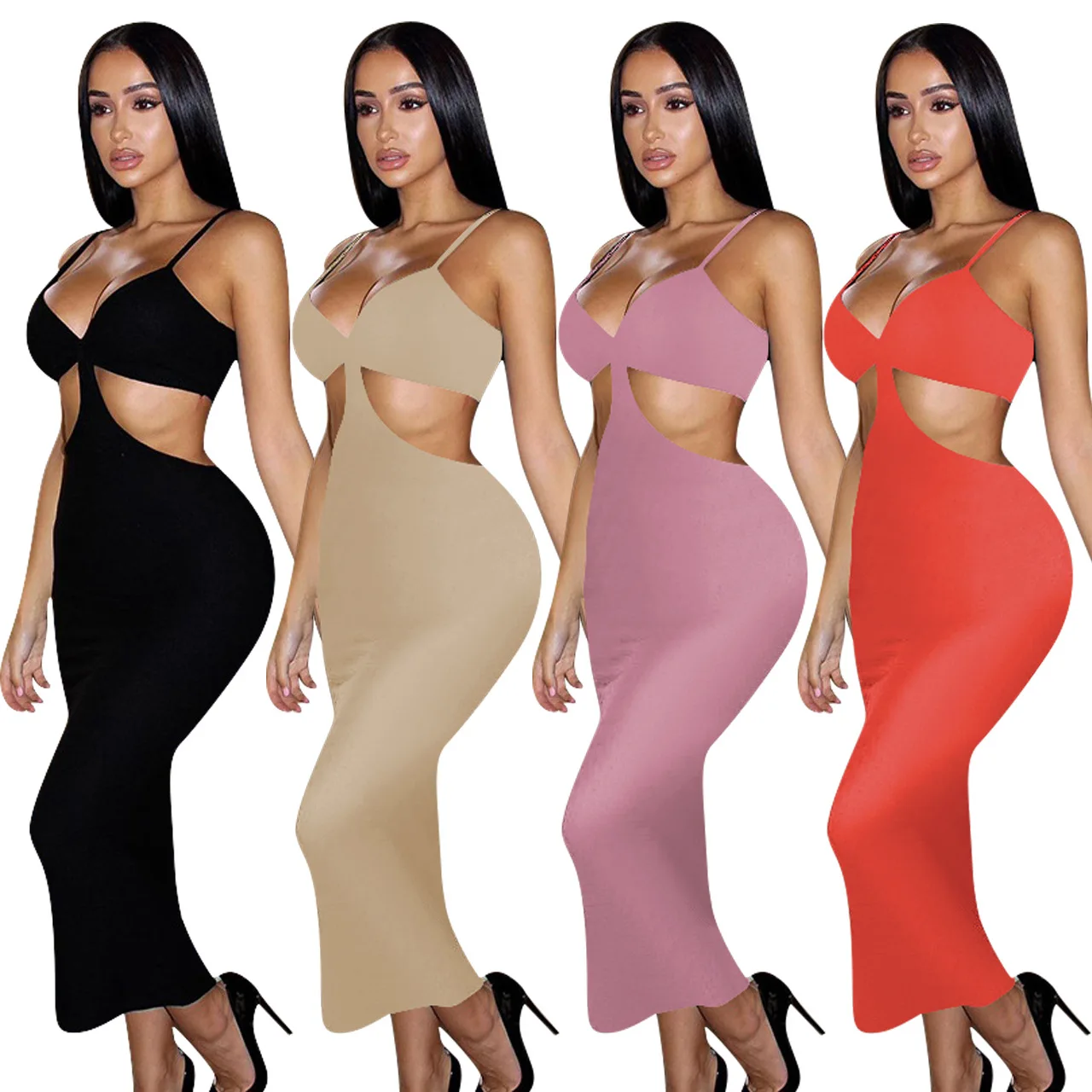 

Q785 New arrivals 2021 sexy v neck summer dress solid color dresses women lady elegant cut out bodycon dresses women