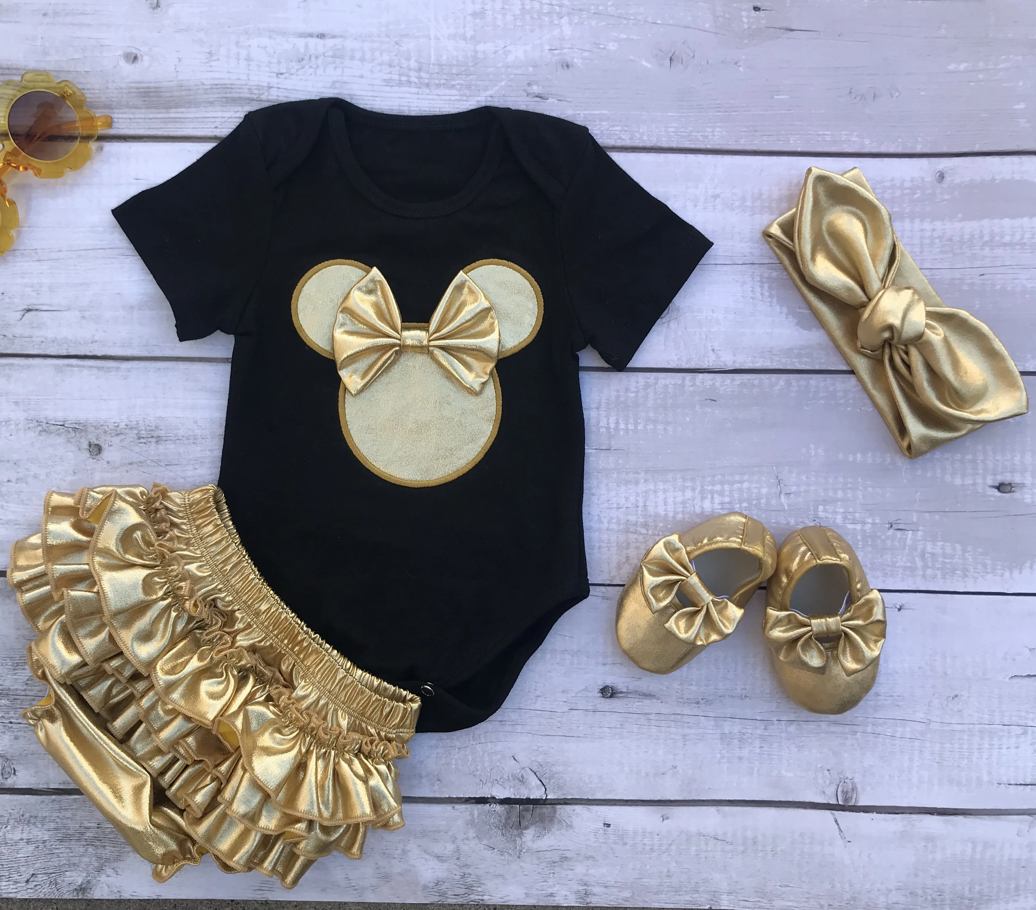 

mickey baby romper set 4pcs baby clothing set with headband baby shoes gold bloomers