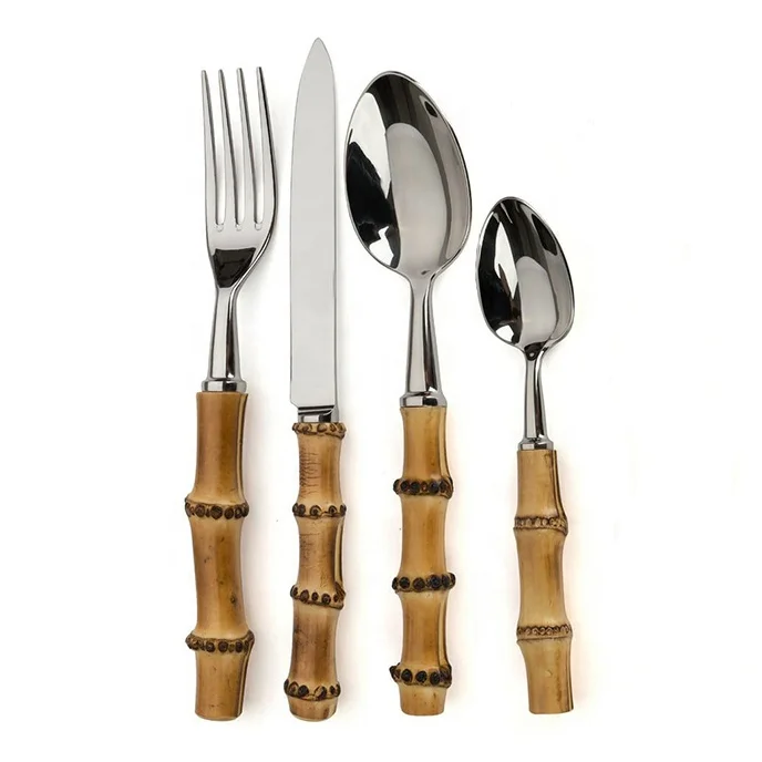 

Handmade Natural Bamboo Flatware Place Setting, Stainless Steel 18/10 with Bamboo Handle Cutlery Serve Set
