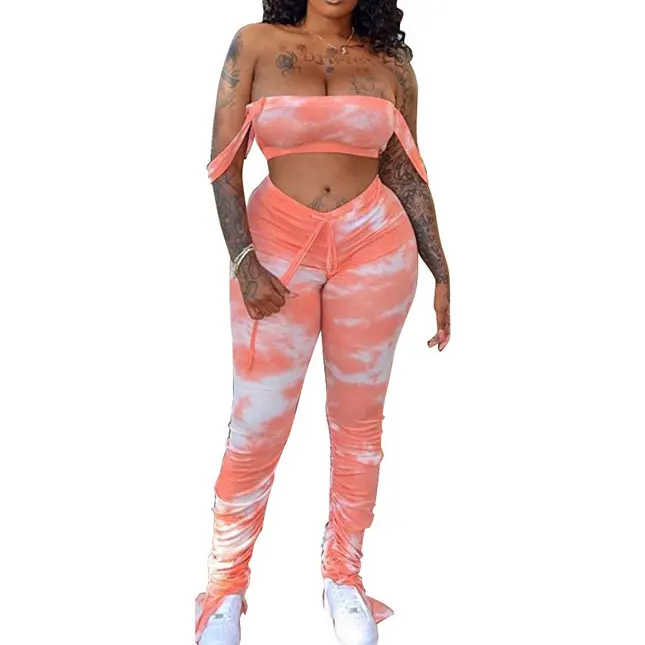 

FS2846A Sexy female crop tops and stacked pants fashion 2 piece suit for women