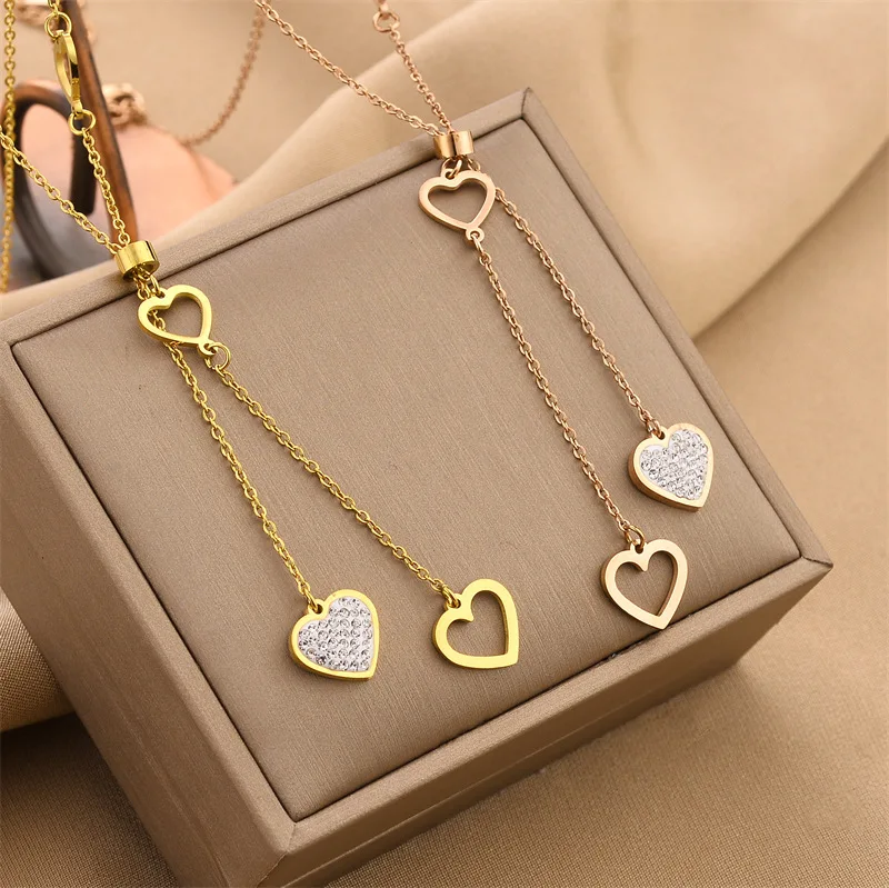 Hot Selling Shiny Tassel Heart Pendant Necklace Charming Delicate Stainless Steel Layered Long Heart Necklace Women