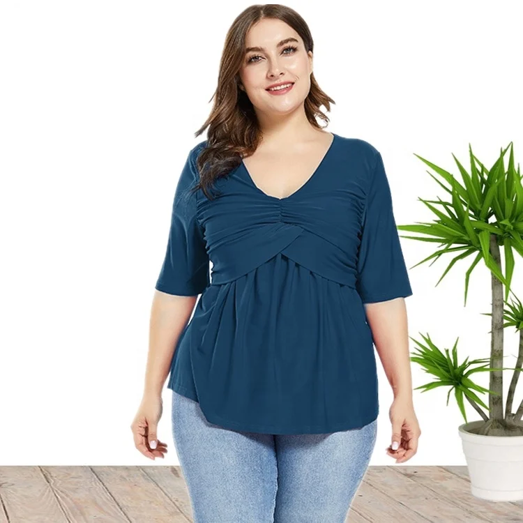 

2020 New Arrival Plus Size Half Sleeve Cross Tops Blouse For Women Wholesale China