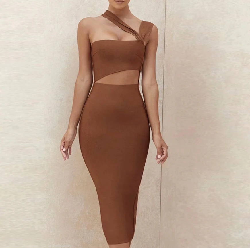 

Ladies New Arrivals Clothing Fashion Cut Out Vestidos Midi Casual Club Bandage Bodycon Asymmetric Dress For Women, Customized color