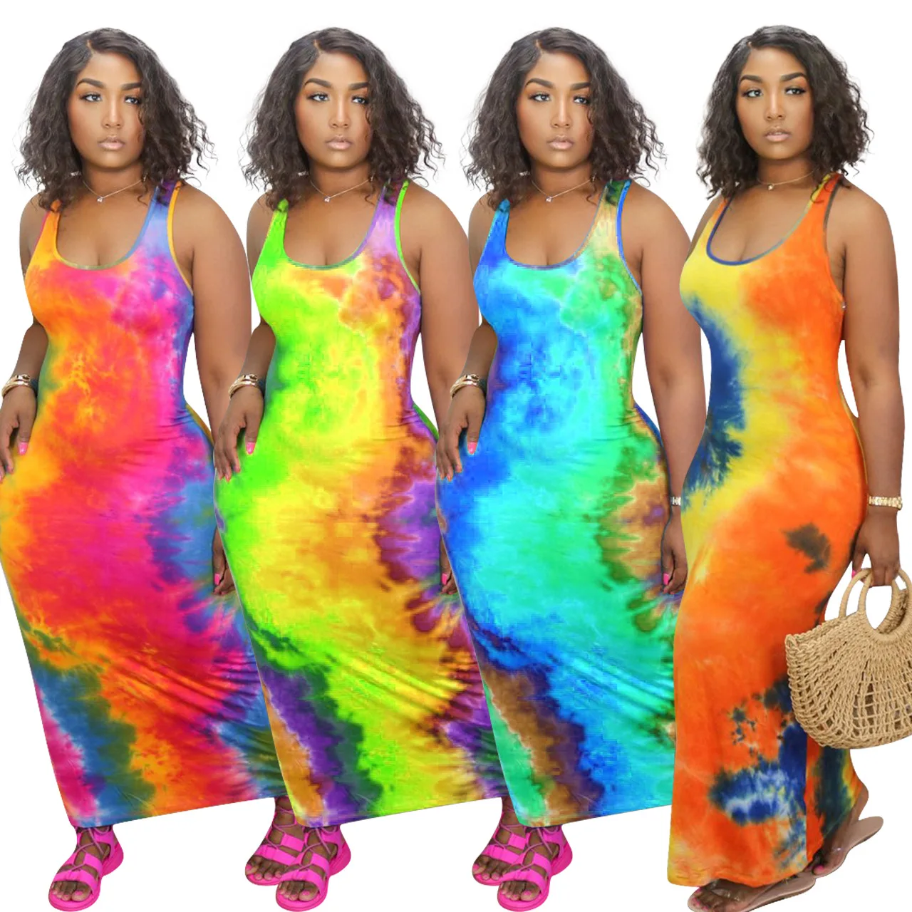 

Amazon hot style European American women's fashion positioning printed Tie-dyed sleeveless S-5XL dress