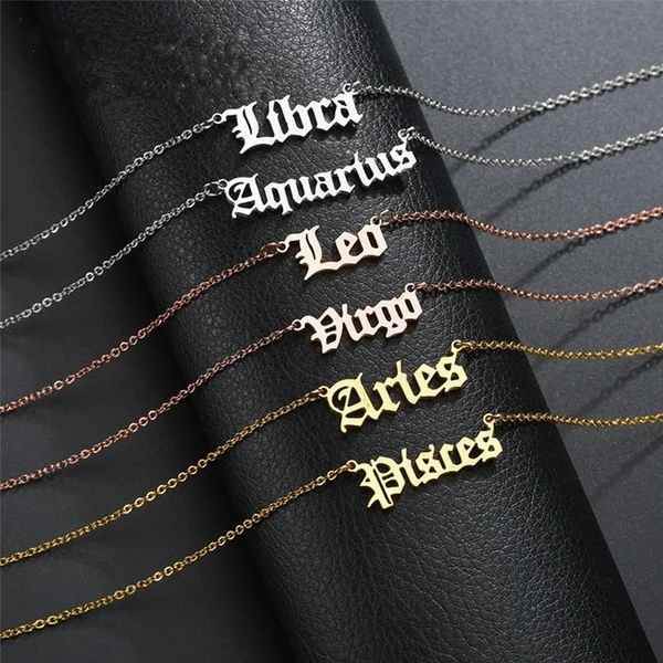 

Wholesale 18k Gold Plated Zodiac Necklace Custom Old English Letter Stainless Steel Necklace Zodiac Name Necklace Jewelry, Gold,rose gold,black and silver