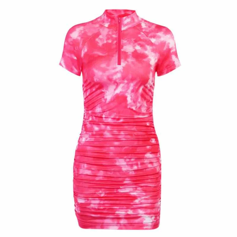 

Trendy Tie Dye Turtle Neck Zipper Women Tshirt Summer Dresses Ladies Sexy