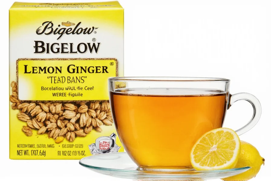 Close-up of Bigelow Lemon Ginger tea steeping in clear glass teapot with fresh lemon slices and ginger root