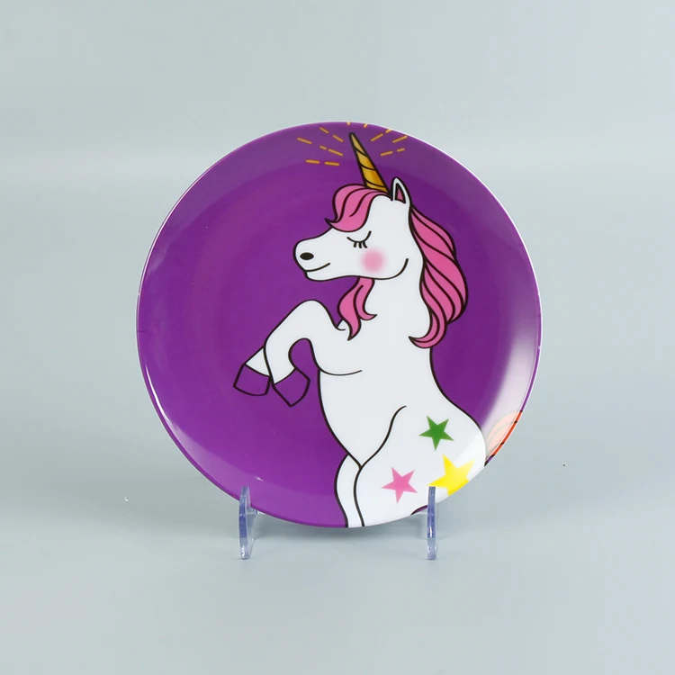 

New fancy design unicorn printed eco friendly dishwasher safe plastic melamine dinnerware dishes plates for kids child, Purple, green, pink, or customized