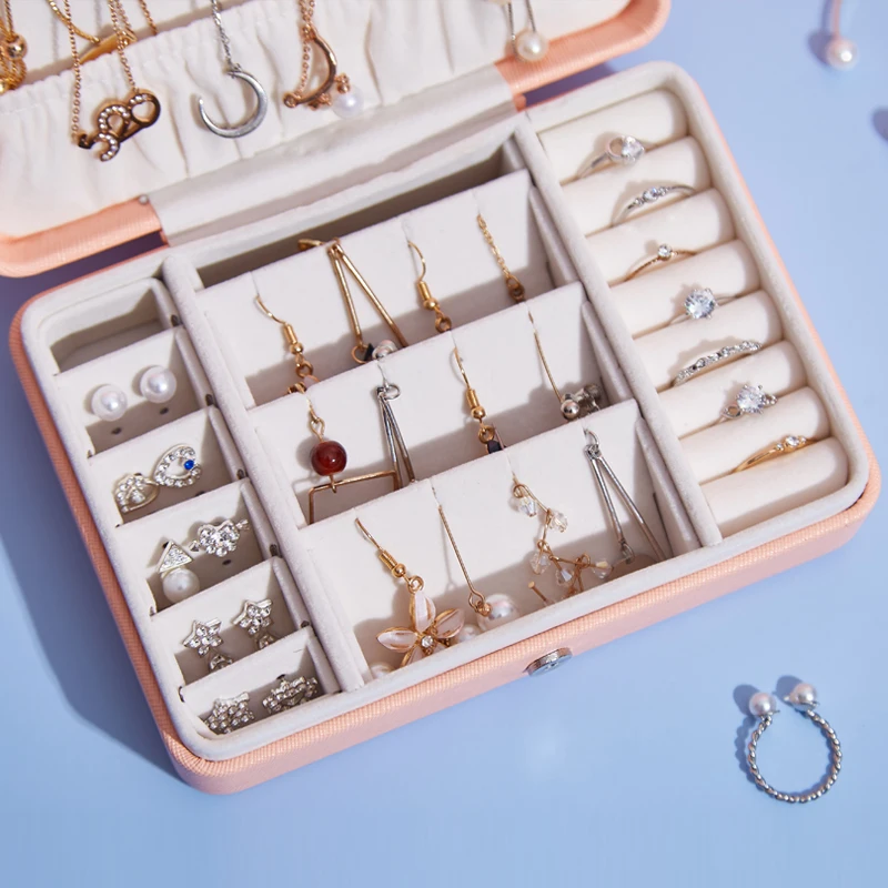 
2020 Latest Design Girl Leather Velvet Jewellery Ring Necklace Earring Storage Packaging Box Portable Travel Jewelry Case 