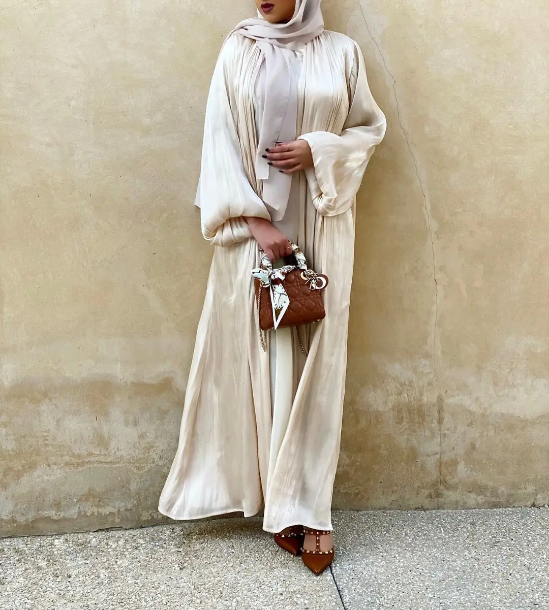 

Eid 2021 Summer Women Kimono Open Abaya Dubai Imitated Silk Fabric Islamic Arabic Muslim Hijab Dress Plain Duster Cardigan Coat, Picture