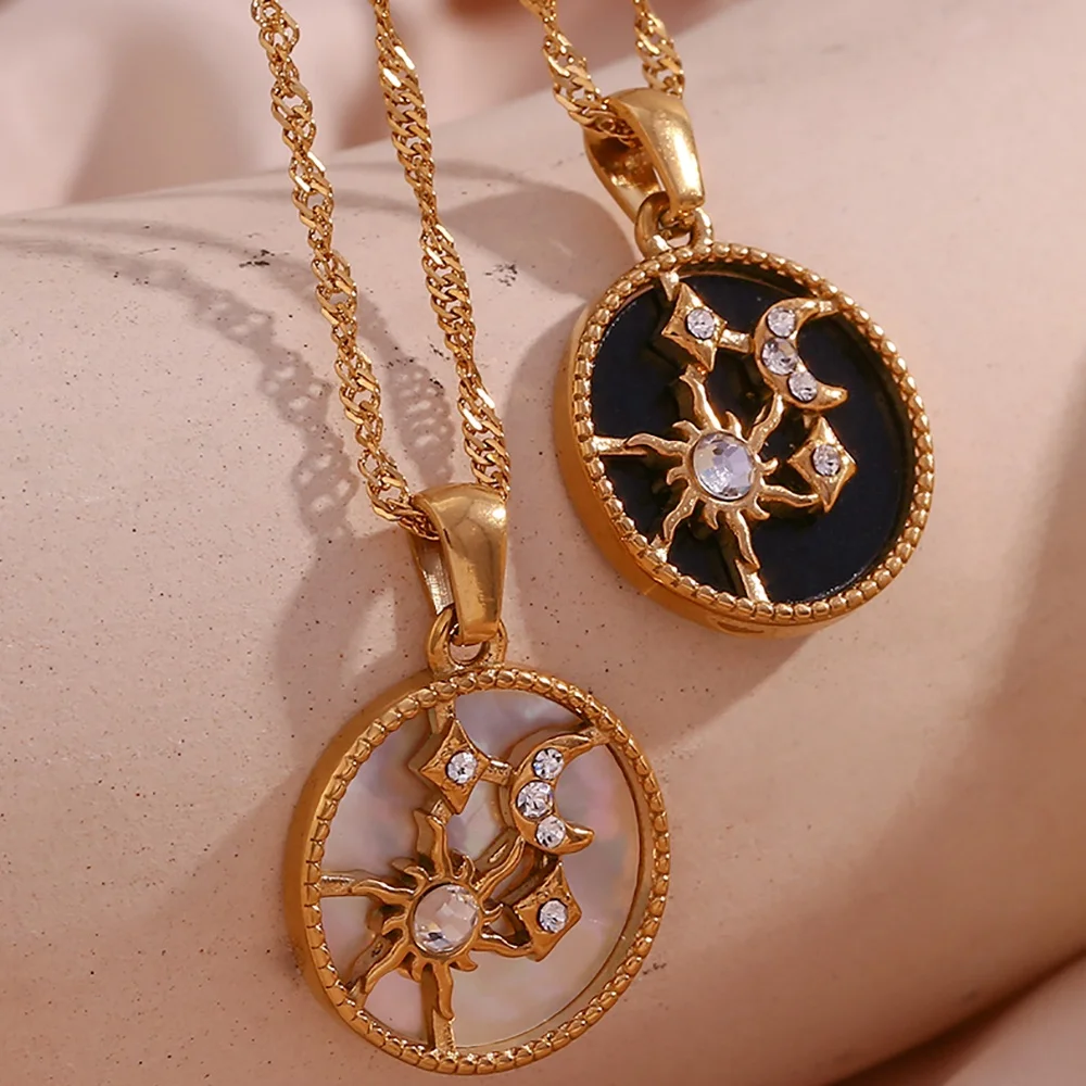 

Water Proof Jewellery Zircon Moon Sun Star Gold Plated Necklace Non Tranish Shell Mary Necklace