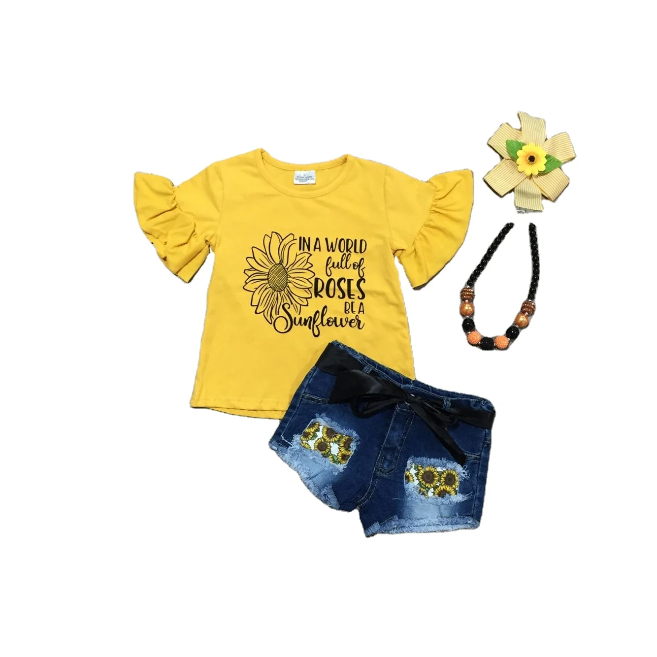 

Summer Baby Shorts Denim Jeans Sets Sunflower Girls Outfits Kids Clothing