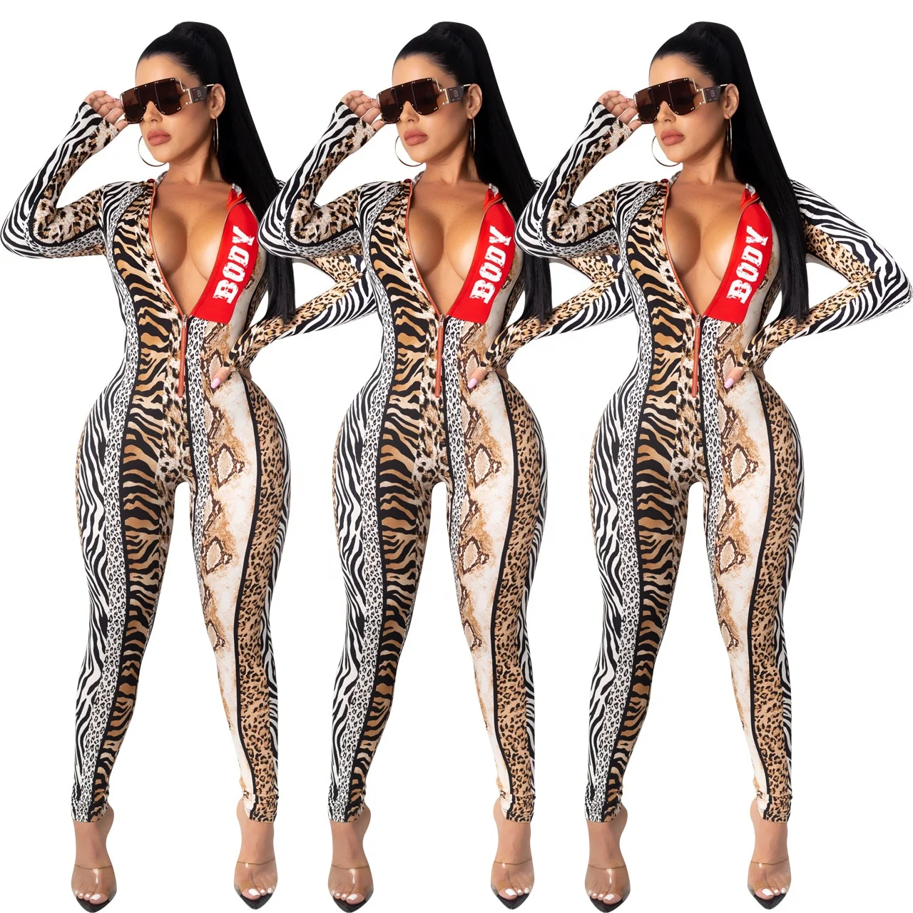 

YD8292 Ready to ship 2021 brown rompers print one piece long sleeve and deep v-neck hooded womens jumpsuits sexy