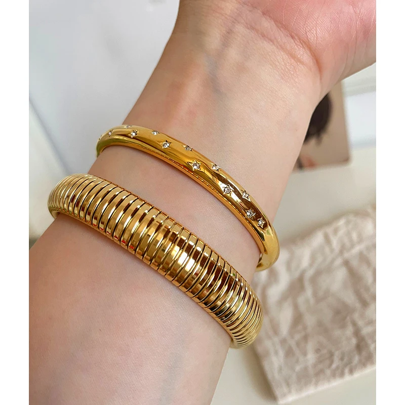 

9 Designs Stainless Steel Star Zircon Non Tarnish Bangle Carved Stripes Wide Chunky Bangles Women Statement Vintage Jewelry 2023