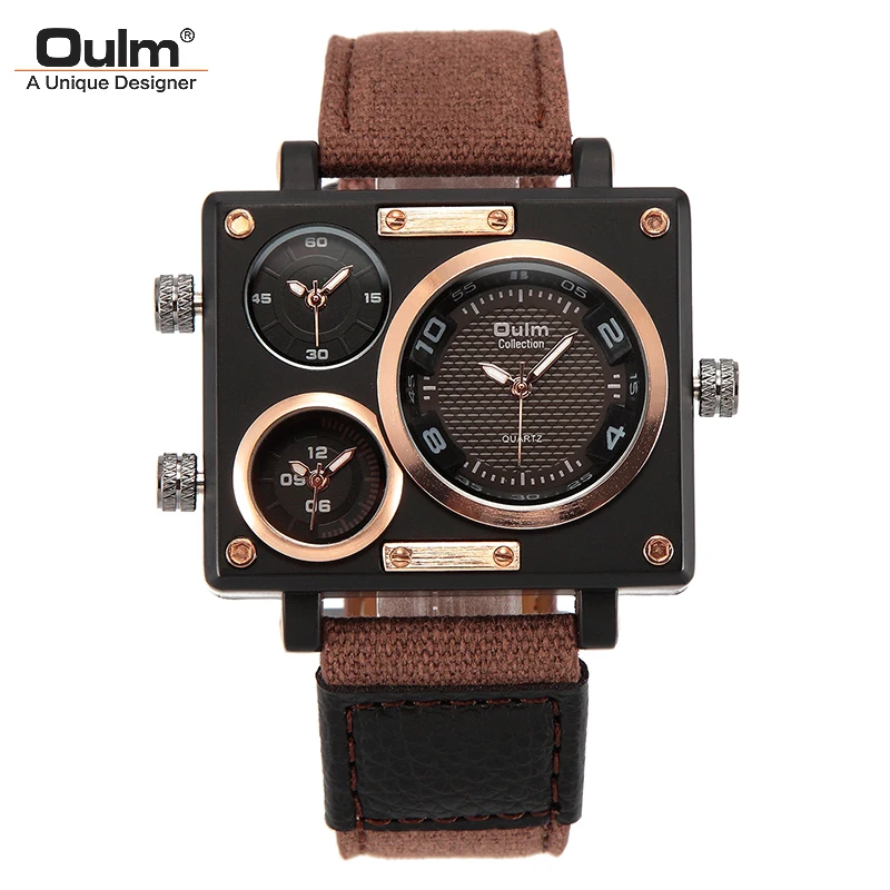 

Oulm 3595 western Brown mens quartz watch stylish fabric strap square Chronograph 2 time zone decorations popular golf watch kit