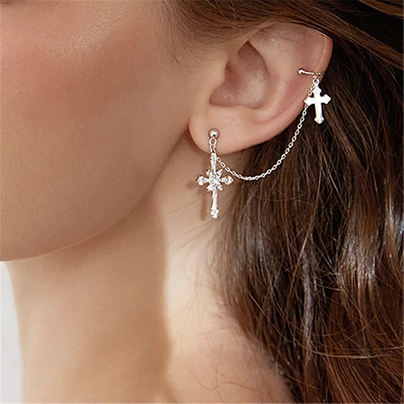 

Personalized Design 925 Silver Needle Cross Stud Earbone Clip Integrated Chain Earrings, Gold/silver