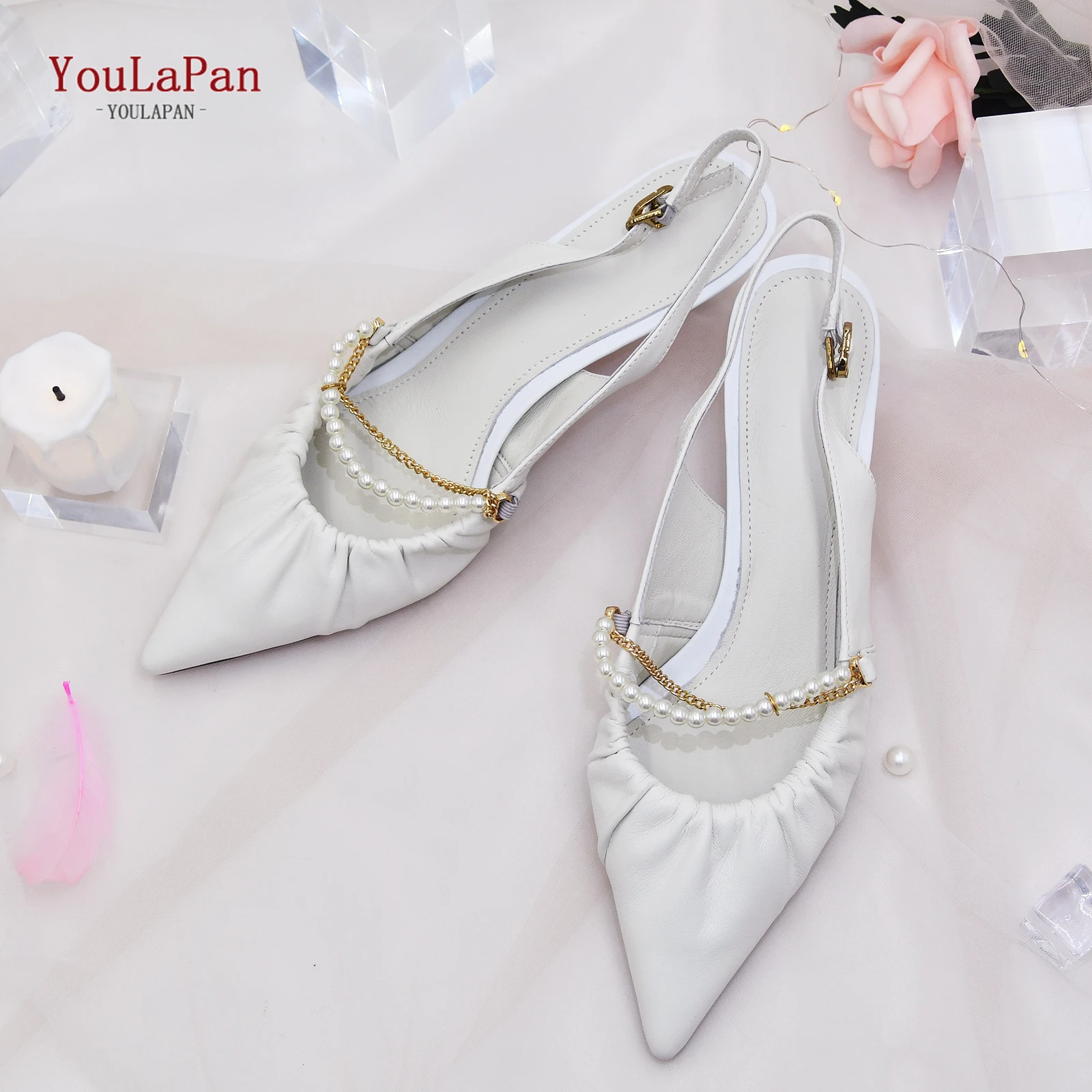 

YouLaPan A36 Inside And Out Full Leather Fashion Gold Pearl Edge Rear Empty Heels 2021 Summer New Small Pointed Sandals, Off-white