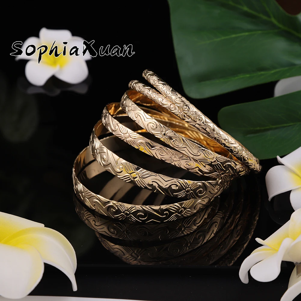 

SophiaXuan Gold Plated Copper Polynesian Bangles Pearl Samoan Bracelets Hawaiian Jewelry Wholesale, As shows