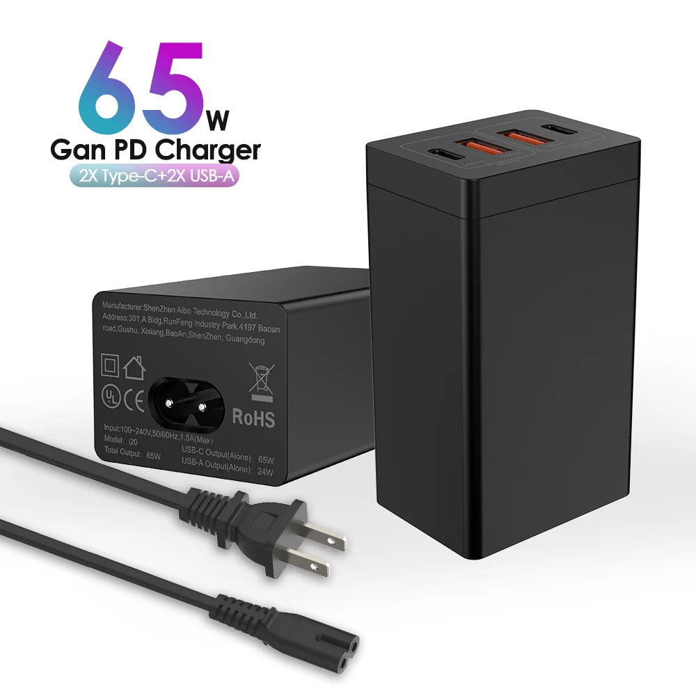 

CE FCC ROHS GaN Charger 65W 2C+2A 4 Ports Quick Charge PD QC3.0 USB Quick Charger Fast 65W Charger Gan