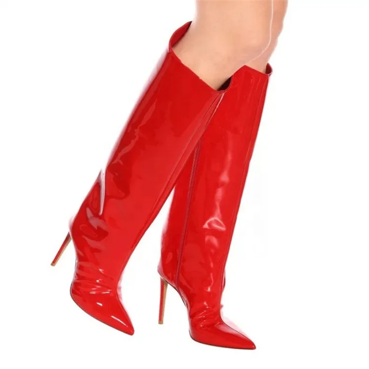 

Fashion Design Autumn Stiletto High Heels Patent Leather Silver Gold Red Women's Boots Side Zipper Thin Heeled Knee High Boots, As picture and also can make as your request