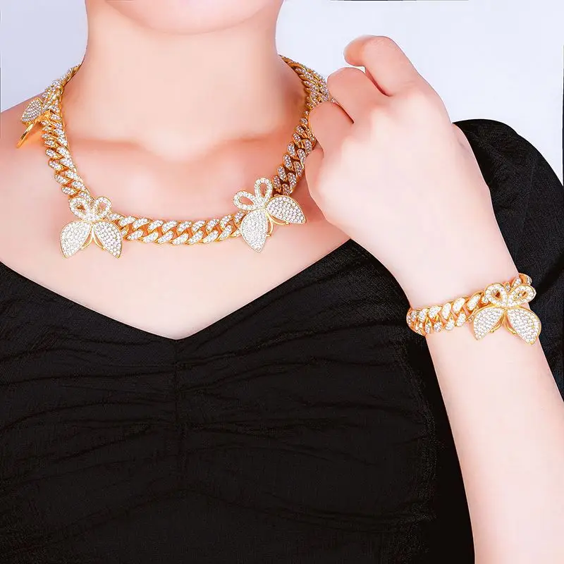 

Fashion female Cool Design Stainless Steel Tennis Necklace Butterfly Bracelet And Necklace And Anklet Set