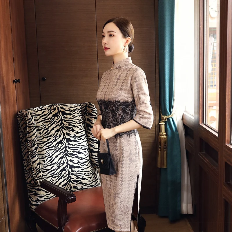 
Chinese Traditional Cheongsam suede lace Qipao wedding party Dress For Women 