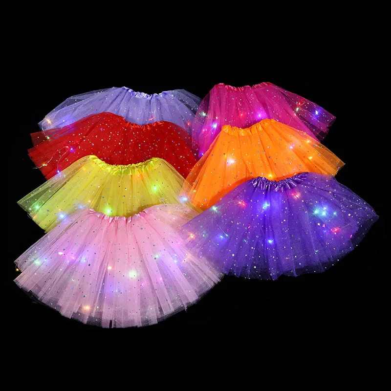 

Halloween Colorful Kids Girls Glitter Star Short Dress LED Light Up Layered Tulle Ballet Dance Tutu Girl Skirt, Rainbow/purple