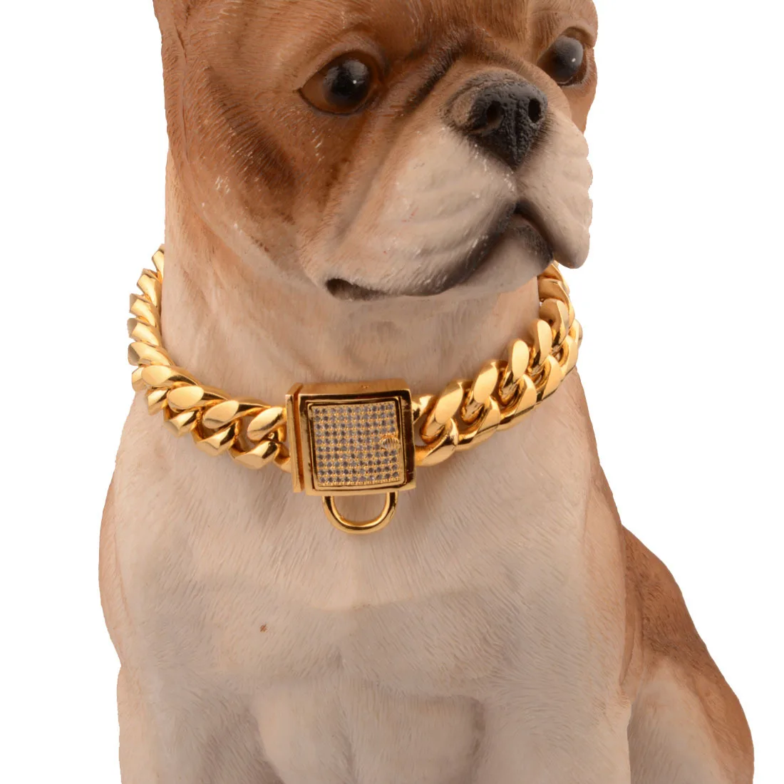 

18K Real Gold Plated Dog Chain Choke Collar 14MM Heavy Chew Cubic Zirconia CZ Cuban Chain Pet God Necklace Collar