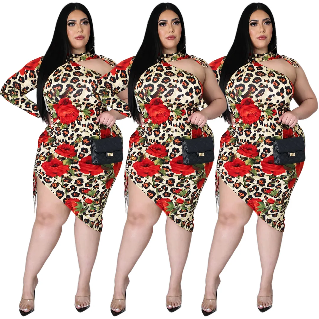 

D1621-2021 Fashion plus size women's Amazon cross-border leopard print one-shoulder strappy sexy dress
