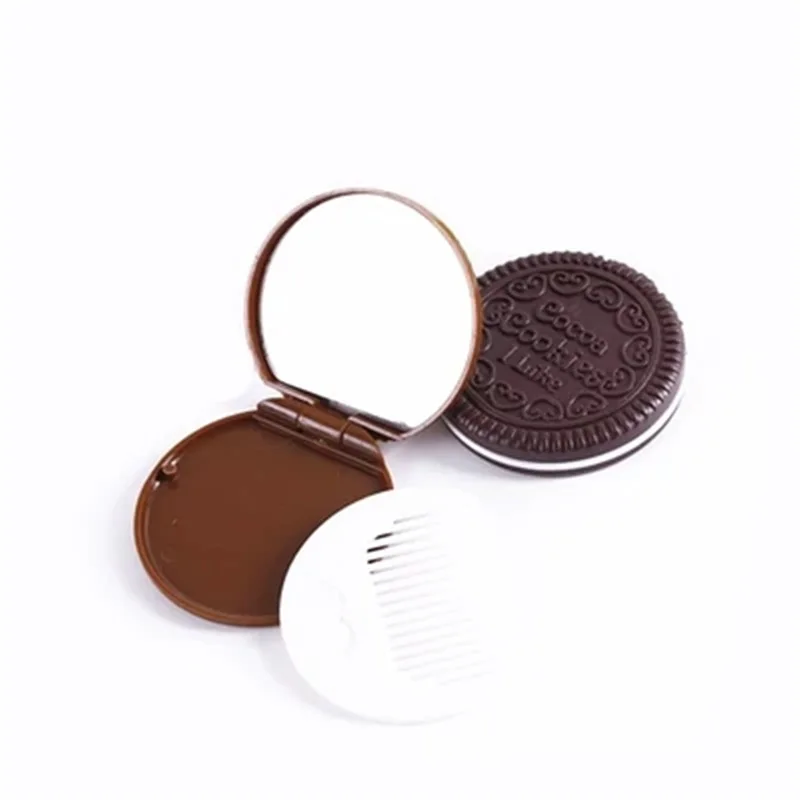 

J697 New Fashion Chocolate Chip Cookies Foldable Salon Portable Vanity Hand Held Round Makeup Mirror with Comb