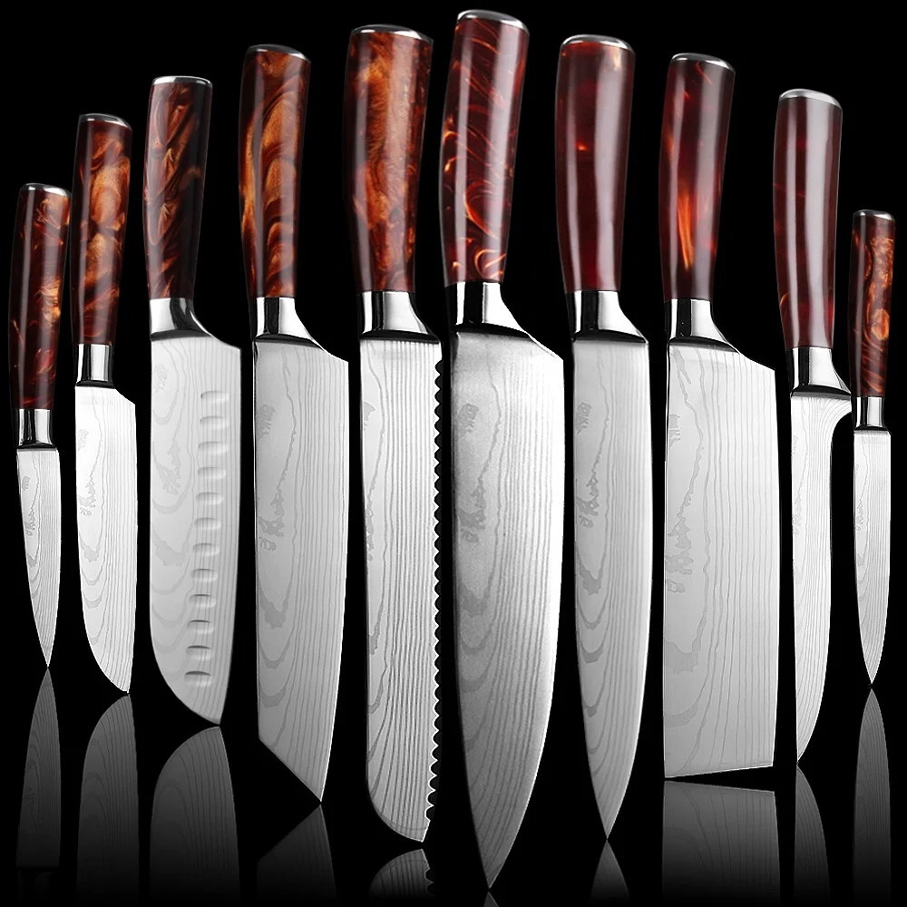 

Stock/custom Kitchen Knives Set 10 pcs Cooking Knife Set red Handle Stainless Steel Laser Damascus pattern blade Chef knife