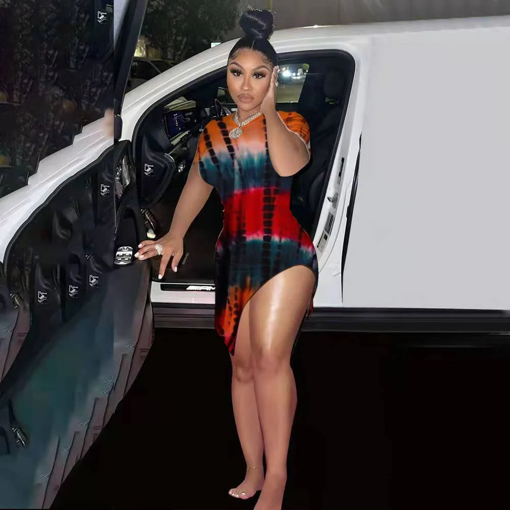 

Tie Dye Bodycon Mini Dresses Women 2021 Summer Beach Wear Sexy Club Outfits Cut Out Short Sleeve Night Party Dress, Purple/yellow/orange