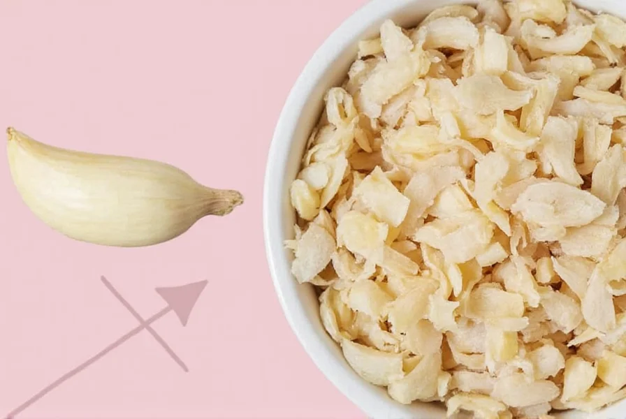Close-up of fresh garlic cloves next to measuring spoons showing minced garlic equivalents