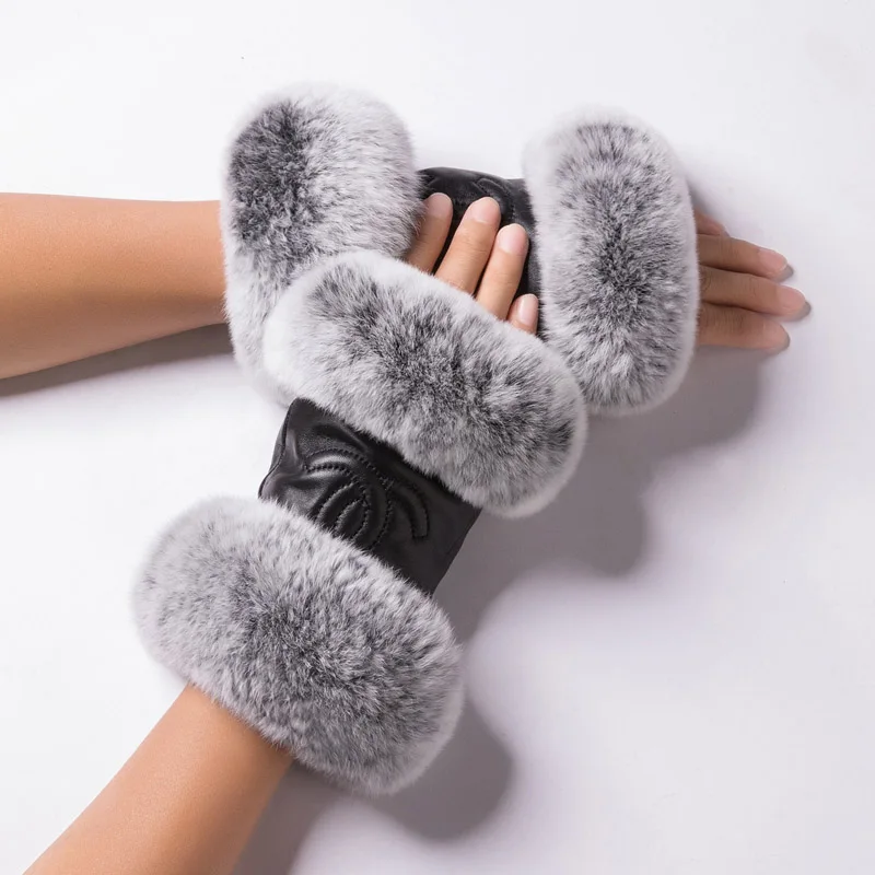 
Women Winter Warmer Wrist Glove Genuine Leather Rex Rabbit Fur Fingerless Driving Glove Plaid Sheepskin Mittens womens gloves 