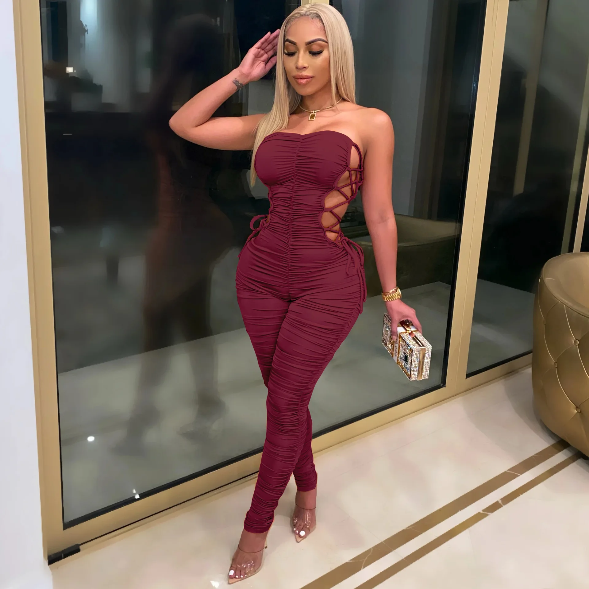 

Free Shipping C12386 - women fashion sexy off shoulder strap pleated bodycon jumpsuit