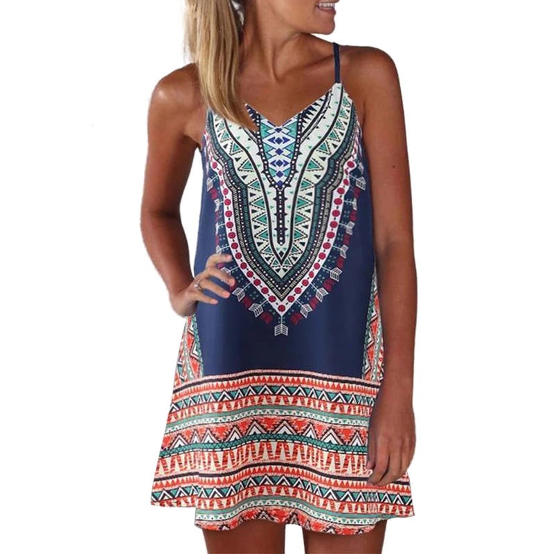 

New Women Fashion Clothing Boho Aztec Print Sleeveless Sundress Casual Dress