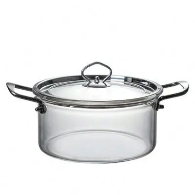 

wholesale clear high borosilicate heat resistant pyrex glass cooking pot with stainless steel handle, Clear glass