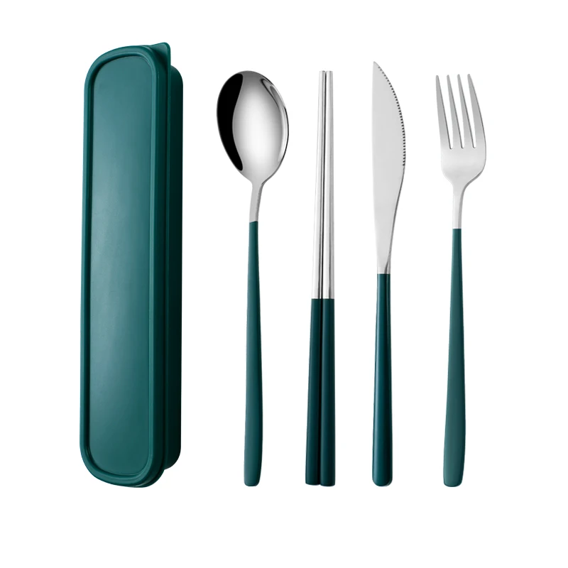 

Hot Selling 304 Stainless Steel Knife Fork Spoon 3Pcs/4Pcs Cutlery Set with Metal Painting Handle in a Portable Case, Black/green/red