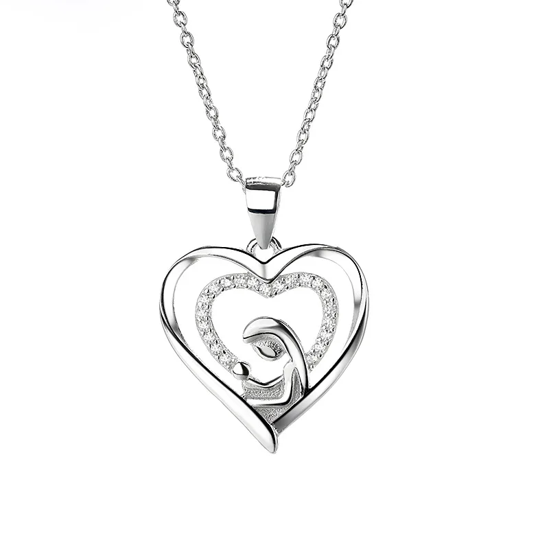 

GP46 Meaningful Mom Gift Mother Hold Her Baby Son Daughter Child 925 Sterling Silver Family Necklace Double Heart Pendant