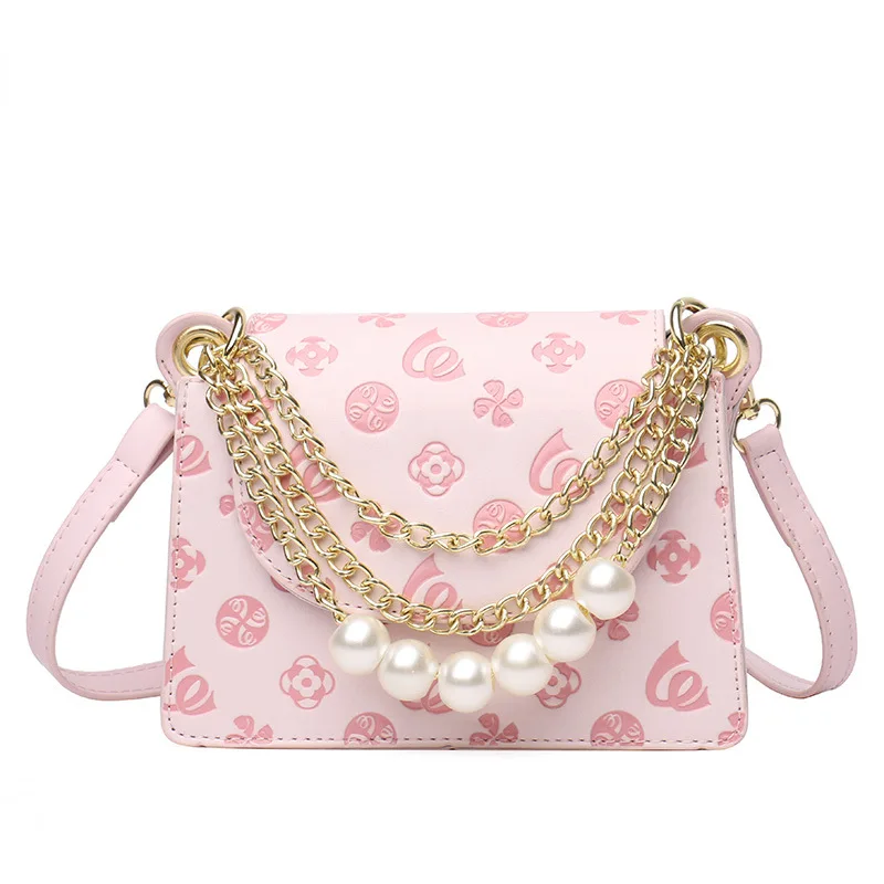 

2021 Famous Brand Autumn Pink Jelly Purses and Bags Pearl Metal Chain Messenger Embossing Handbag, Requirement